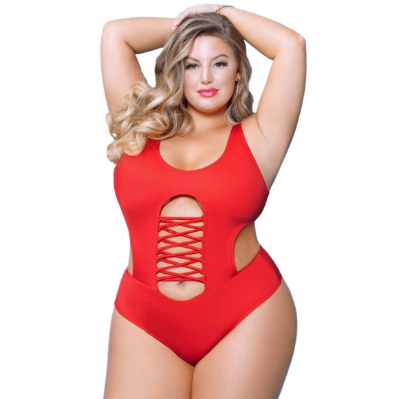 Plus 1Pc Monokini Swimsuit Womens Size 3x4x Red One Piece High Leg Swimwear - Picture 4 of 10